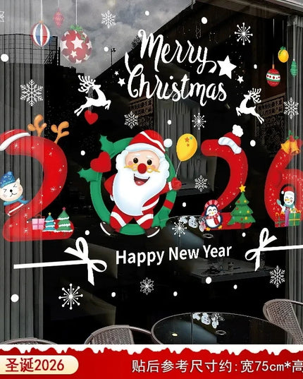 Happy New Year 2026 Christmas Window Glass Stickers Santa Claus Elk Wall Stickers New Year Xmas Decals Festival Party Decoration