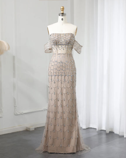 Sharon Said Luxury Champagne Mermaid Arabic Evening Dress with Overskirt 2025 Dubai Women Wedding Party Gowns SS168 Customized