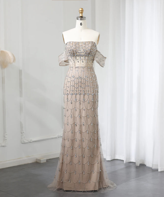Sharon Said Luxury Champagne Mermaid Arabic Evening Dress with Overskirt 2025 Dubai Women Wedding Party Gowns SS168 Customized