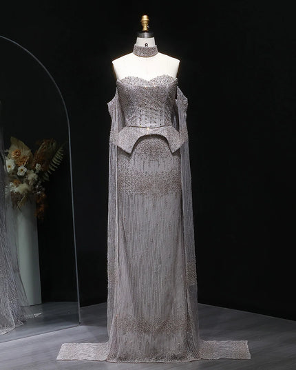 Sharon Said Luxury Grey Crystal Evening Dress with Cape Sleeves 2025 Elegant Off-Shoulder Weddin Party Gown SS558 Customized