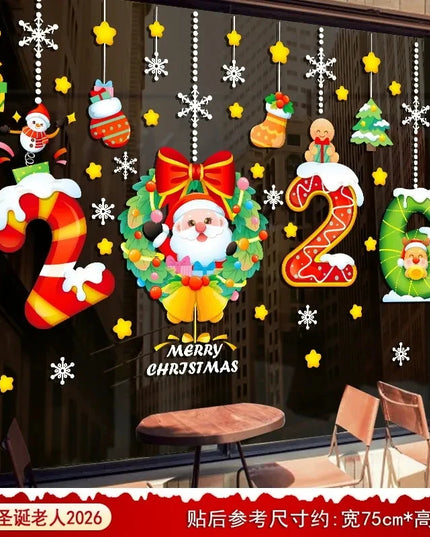 Happy New Year 2026 Christmas Window Glass Stickers Santa Claus Elk Wall Stickers New Year Xmas Decals Festival Party Decoration