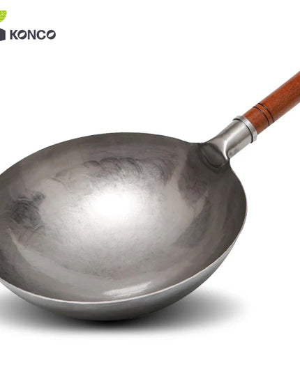 Konco Hand Hammered Wok,Chinese Traditional Iron Wok No Coating Wooden Handle Non-stick Pan Kitchen Cookware