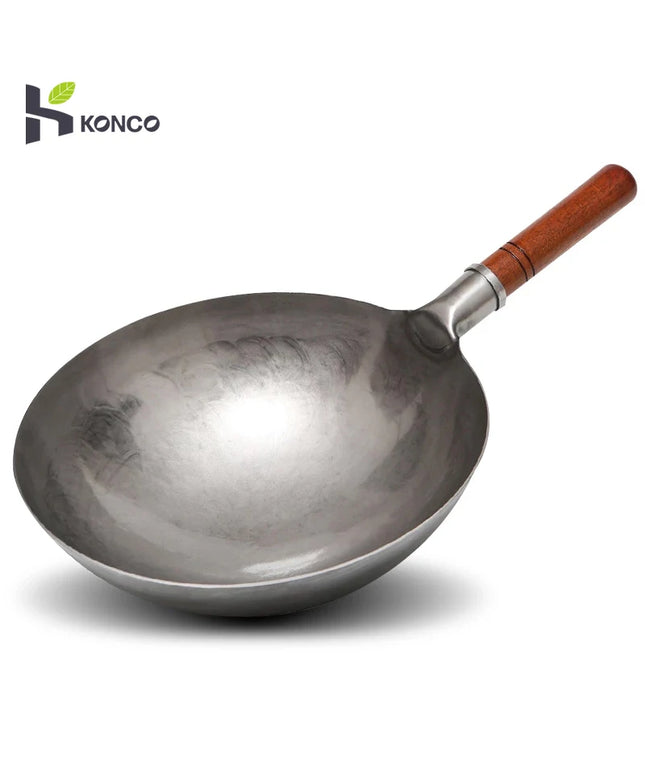 Konco Hand Hammered Wok,Chinese Traditional Iron Wok No Coating Wooden Handle Non-stick Pan Kitchen Cookware