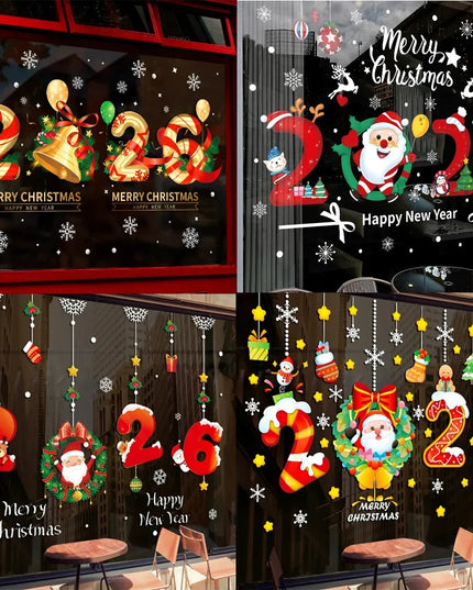 Happy New Year 2026 Christmas Window Glass Stickers Santa Claus Elk Wall Stickers New Year Xmas Decals Festival Party Decoration