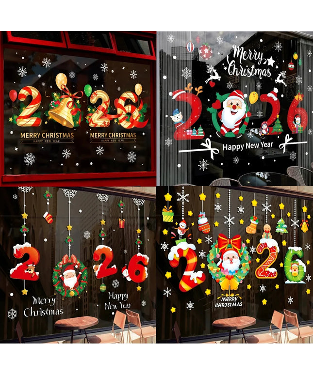 Happy New Year 2026 Christmas Window Glass Stickers Santa Claus Elk Wall Stickers New Year Xmas Decals Festival Party Decoration