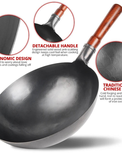 Konco Hand Hammered Wok,Chinese Traditional Iron Wok No Coating Wooden Handle Non-stick Pan Kitchen Cookware