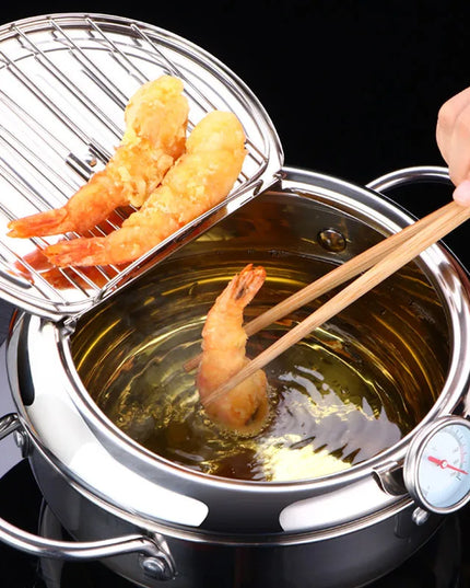 LMETJMA Japanese Deep Frying Pot with a Thermometer and a Lid 304 Stainless Steel Kitchen Tempura Fryer Pan 20 24 cm KC0405