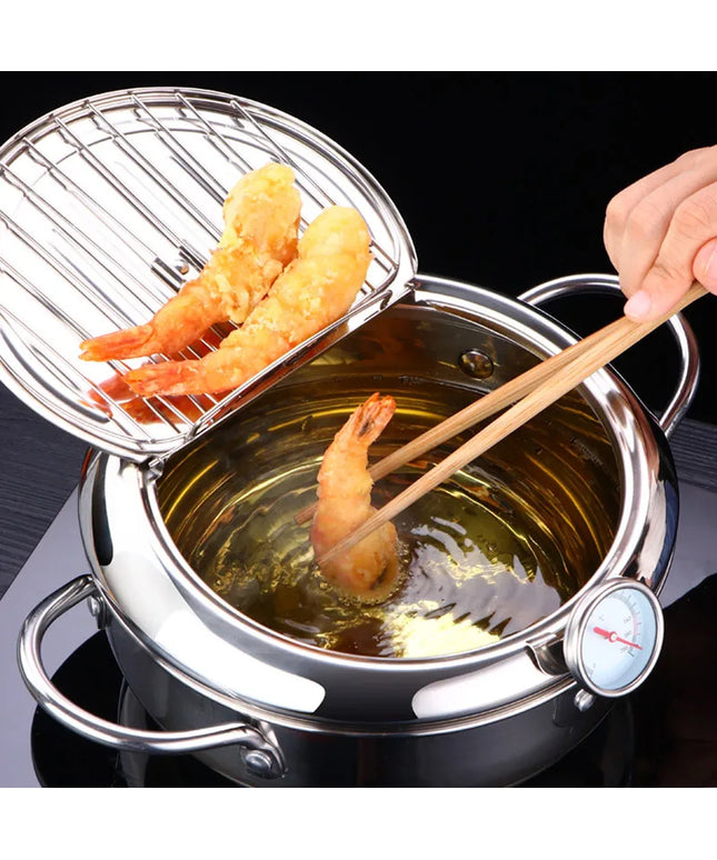 LMETJMA Japanese Deep Frying Pot with a Thermometer and a Lid 304 Stainless Steel Kitchen Tempura Fryer Pan 20 24 cm KC0405