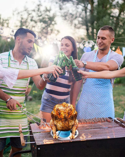 LMETJMA Chicken Roaster Rack With Bowl Carbon Steel Beer Can Chicken Turkey Roaster BBQ Grill Rack Stand Holder Tray KC0229