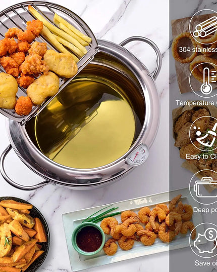 LMETJMA Japanese Deep Frying Pot with a Thermometer and a Lid 304 Stainless Steel Kitchen Tempura Fryer Pan 20 24 cm KC0405