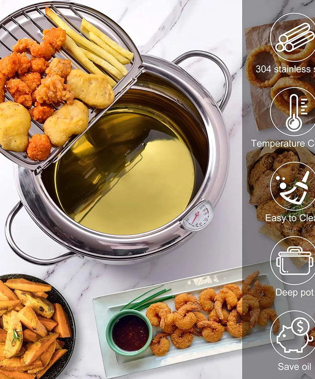 LMETJMA Japanese Deep Frying Pot with a Thermometer and a Lid 304 Stainless Steel Kitchen Tempura Fryer Pan 20 24 cm KC0405