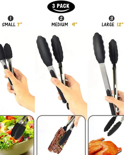 7/9/12inch Silicone Kitchen BBQ Tongs Stainless Steel Locking Cooking Tongs with Silicone Tips Non-Slip Food Tongs for Cooking