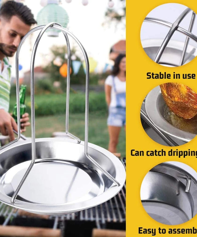 LMETJMA Chicken Roaster Rack With Bowl Carbon Steel Beer Can Chicken Turkey Roaster BBQ Grill Rack Stand Holder Tray KC0229