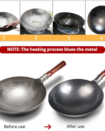 Konco Hand Hammered Wok,Chinese Traditional Iron Wok No Coating Wooden Handle Non-stick Pan Kitchen Cookware