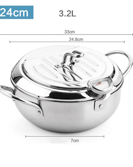 LMETJMA Japanese Deep Frying Pot with a Thermometer and a Lid 304 Stainless Steel Kitchen Tempura Fryer Pan 20 24 cm KC0405