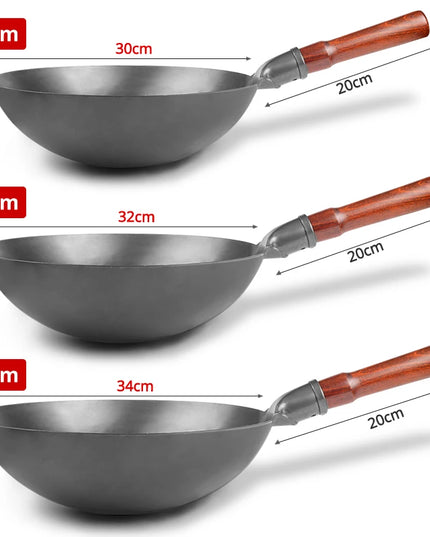 Konco Hand Hammered Wok,Chinese Traditional Iron Wok No Coating Wooden Handle Non-stick Pan Kitchen Cookware