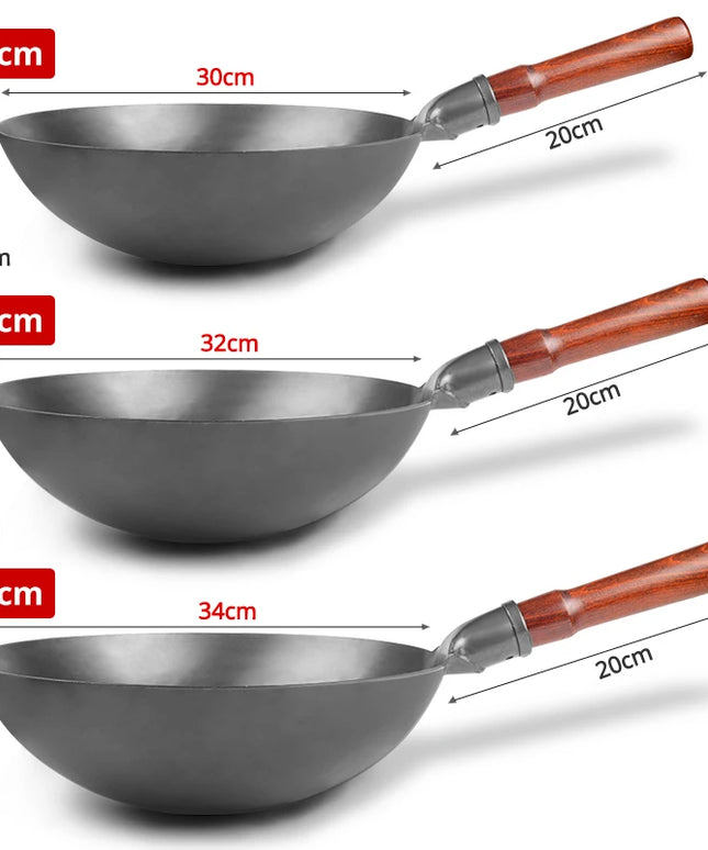 Konco Hand Hammered Wok,Chinese Traditional Iron Wok No Coating Wooden Handle Non-stick Pan Kitchen Cookware