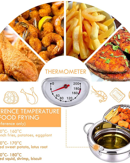 LMETJMA Japanese Deep Frying Pot with a Thermometer and a Lid 304 Stainless Steel Kitchen Tempura Fryer Pan 20 24 cm KC0405