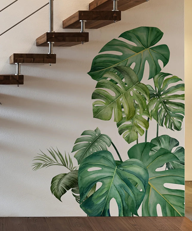 2pc Set Large Size Green Plant Wall Decal Sticker For Home Decoration Monster Leaf Design Easy To Apply And Remove Home Wall Art