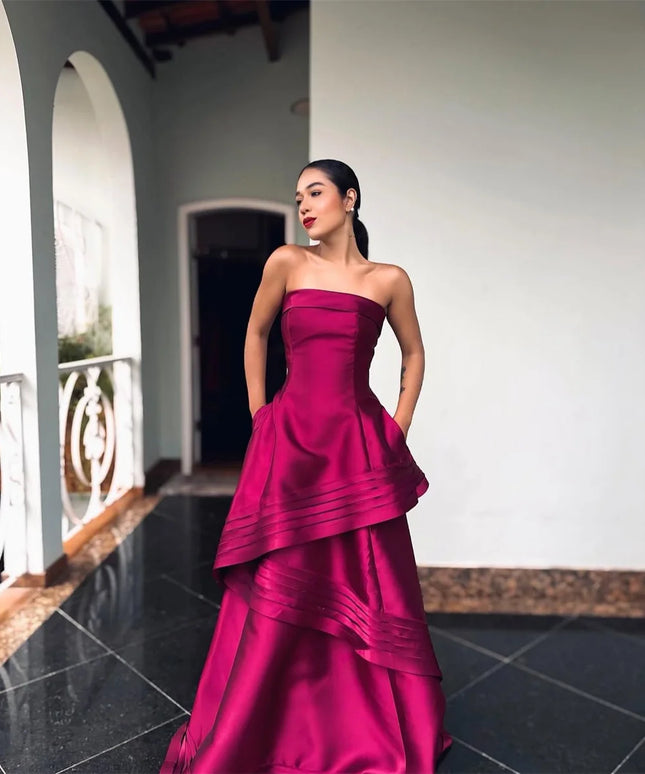 Cathy Customized Purple Strapless Tiered Ruffle Prom Dresses Sleeveless A-Line vestidos de noiva Floor-Length Evening Dress 2025