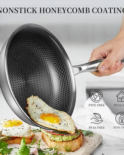 Stainless Steel Frying Pan Non Stick Frying Pan Honeycomb Skillet Kitchen Egg Steak Frying Pan Compatible with All Cooktops
