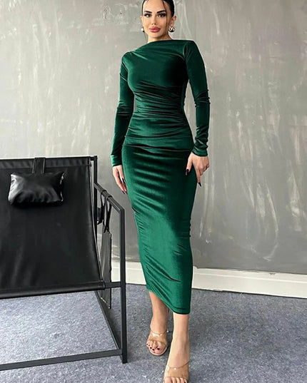 Dulzura 2024 Spring Summer Velvet Long Sleeve Midi Dress For Women Ruched Long Dress Elegant Party Clothes Evening Green Outfits