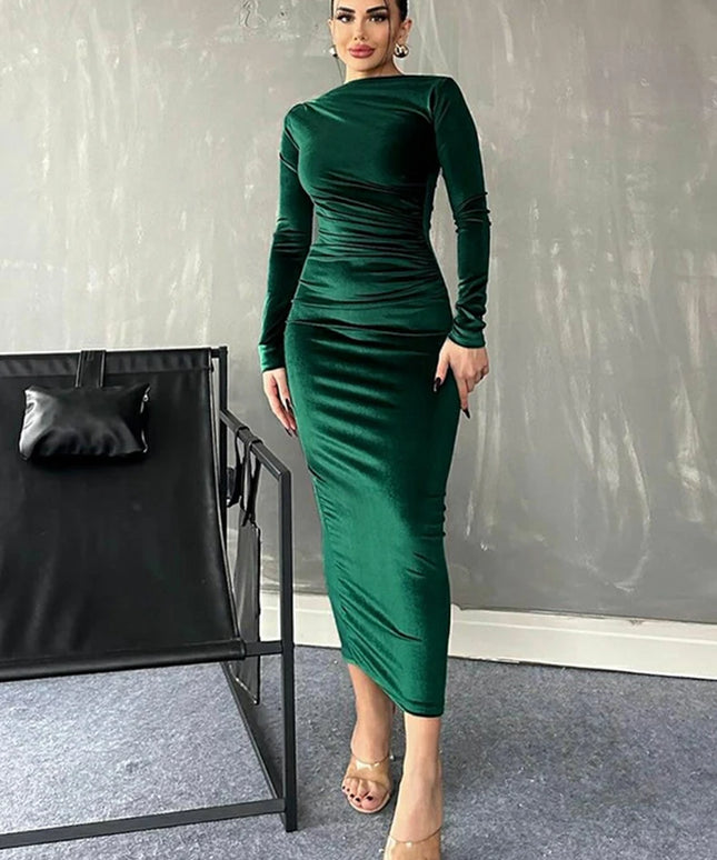 Dulzura 2024 Spring Summer Velvet Long Sleeve Midi Dress For Women Ruched Long Dress Elegant Party Clothes Evening Green Outfits