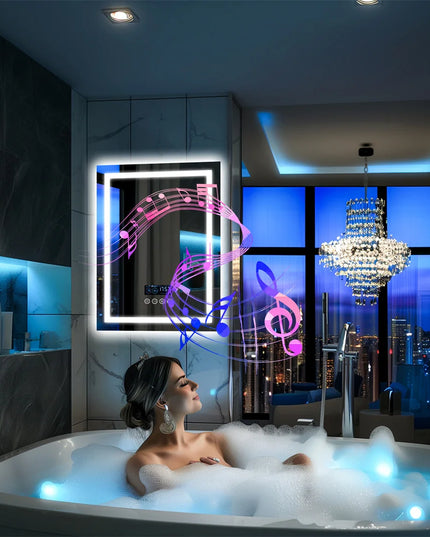LUVODI Large Illuminated Bluetooth Bathroom Mirror Rectangle Anti-fog LED Bathroom Vanity Mirror with Bluetooth Speaker 3 Color
