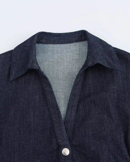 ETJ 2025  Spring New 1975 series denim MIDI dress with lapel side zipper fashion wrinkle waist slim elegant dress