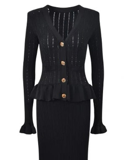 YuooMuoo Brand Fashion One-piece Knitted Maxi Dress Women Elegant V-neck Ruffled Slim Waist Bodycon Sweater Dress Party Vestido