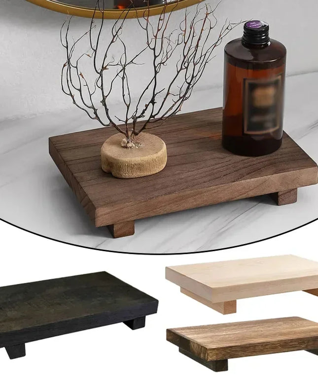Wood Tray Pedestal Stand Bathroom Decor Wooden Vanity Hands Soap Scented Candle Storage Holder Tray Kitchen Seasoning Holder