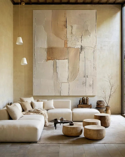 3D Beige Large Canvas Abstract Handmade Oil Painting Brown Simple Wall Art Textured Geometric Art Wall Decor Living Room Decor