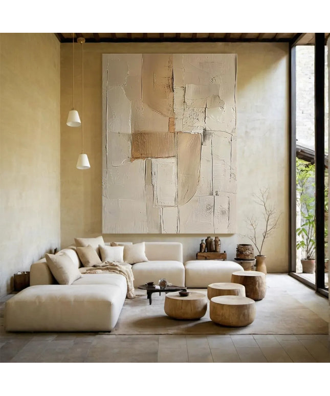 3D Beige Large Canvas Abstract Handmade Oil Painting Brown Simple Wall Art Textured Geometric Art Wall Decor Living Room Decor