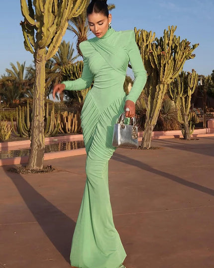 Weird Puss Autumn New Style Maxi Dress Women Turtleneck Full Sleeve Backless Skinny Stretch  Prom Party Ruched Elegant Vestidos