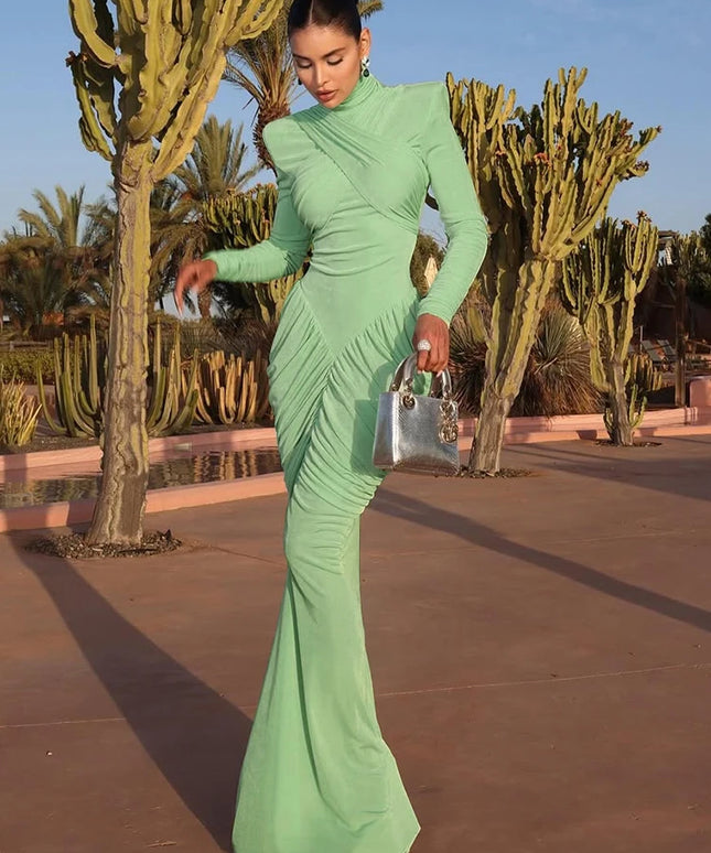 Weird Puss Autumn New Style Maxi Dress Women Turtleneck Full Sleeve Backless Skinny Stretch  Prom Party Ruched Elegant Vestidos