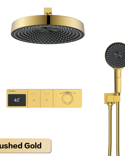 Luxury gun gray brass LED digital display shower system with wall mounted design, simple bathroom faucet for hot and cold water