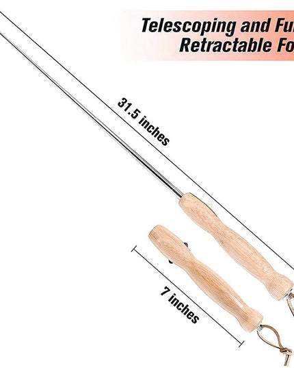 80Cm Barbecue Skewers Stainless Steel Wooden Handle Long Campfire Telescopic Extendable BBQ Fork Barbecue Accessories