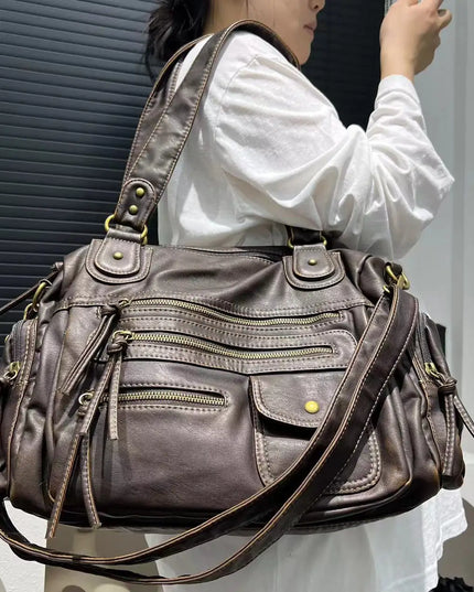 Y2K Hot Girl Single Shoulder Crossbody Bag Vintage Washed Leather Motorcycle Bag Large Capacity Multi Pocket Bag