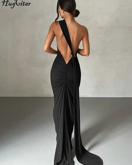 Hugcitar One Shoulder Backless Adjustable Scarf Loop Ruched Sexy Maxi Dress Women Elegant Y2K Streetwear Festival Outfit