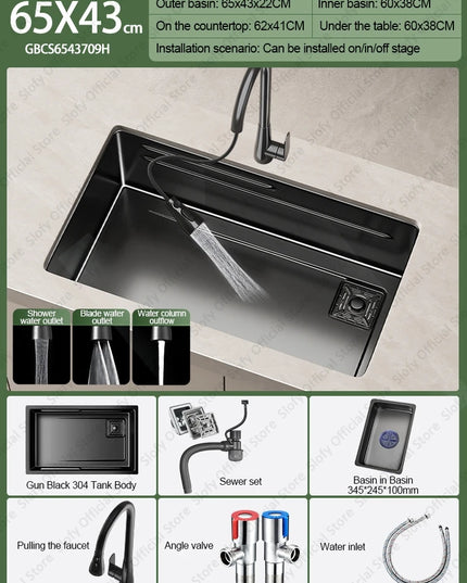 304 Stainless Steel Kitchen Sink Black Single Bowl Thickened Material Wear-Resistant Vegetable Workstation Drainage Accessories