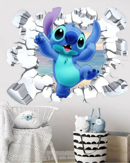 3D Broken Wall Lilo & Stitch Wall Stickers For Kid's Room Kindergarten Living Room Bedroom Wall Decoration Animated Poster