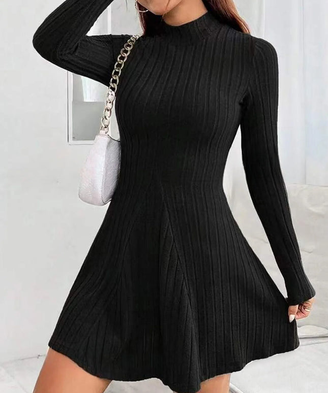 Women's slim fit half high collar waist cinched A-line skirt long sleeved pit stripe dress