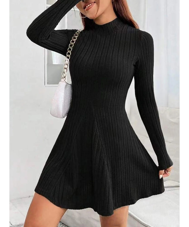 Women's slim fit half high collar waist cinched A-line skirt long sleeved pit stripe dress