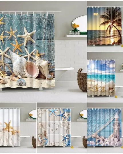 Seaside Scenic Beach Shells Shower Curtains Starfish Conch Blue Board Palm Trees Sunset Nature Scenery Bathroom Curtain Decor