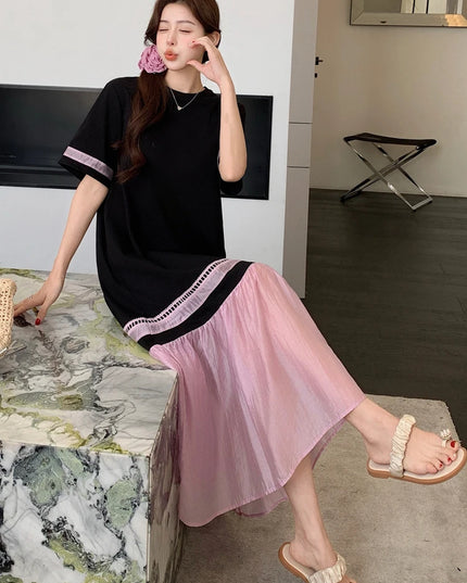 NYFS 2025 Summer Dress Loose plus Size Black Patchwork Pink Hem Long Dresses Robe Elbise Short Sleeve Korean Style Woman Dress