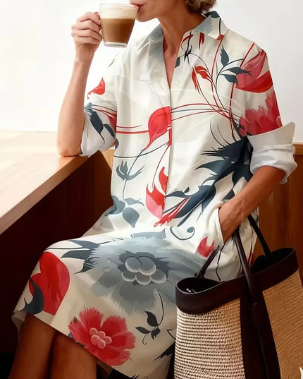 2025 New Women'S Dress, Autumn And Winter New Print Fashion Casual Retro Flower Commuter Lapel Shirt Dress