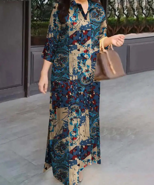 ZANZEA Women Fasihon Shirtdress Lapel Oversized 2024 Autumn Cotton Maxi Sundress Vintage Floral Print 3/4 Sleeve Long Dresses