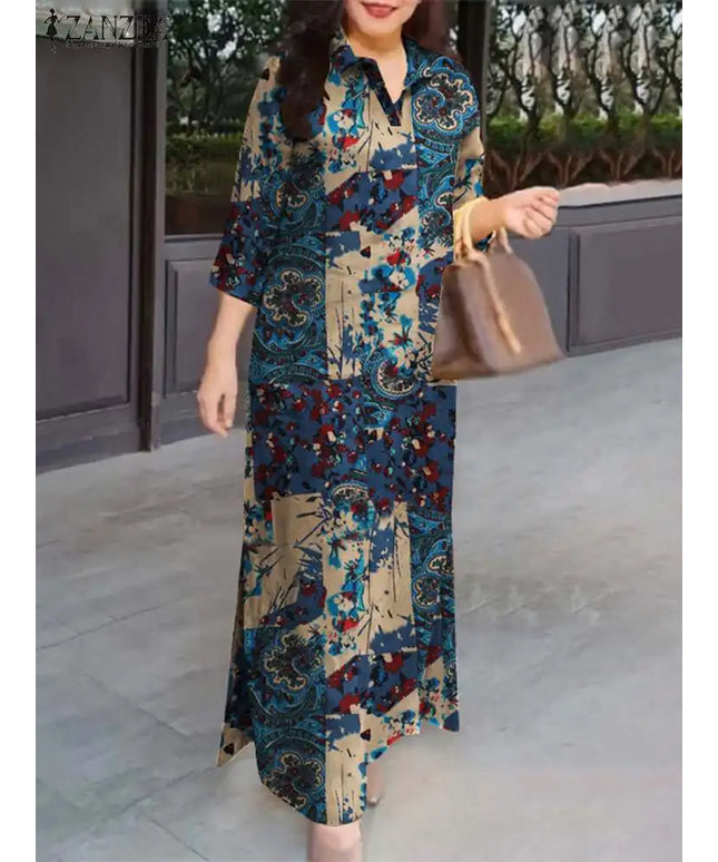 ZANZEA Women Fasihon Shirtdress Lapel Oversized 2024 Autumn Cotton Maxi Sundress Vintage Floral Print 3/4 Sleeve Long Dresses