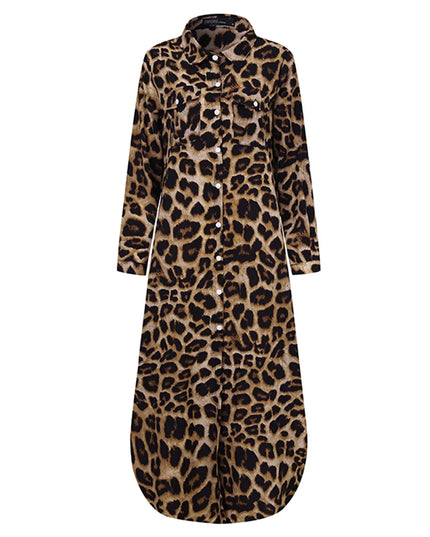 ZANZEA Plus Size Women's Leopard Print Long Dresses Stylish Long Sleeve Button Up Collared Shirt Dress 2025 Autumn Commuting 5XL