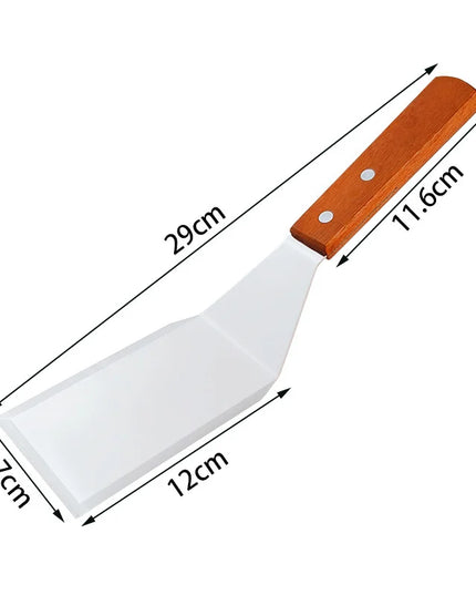 Stainless Steel Square Head Steak Cooking Spatula Wood Handle Pizza Shovel Pancake Beef Turner Scraper BBQ Utensils For Kitchen